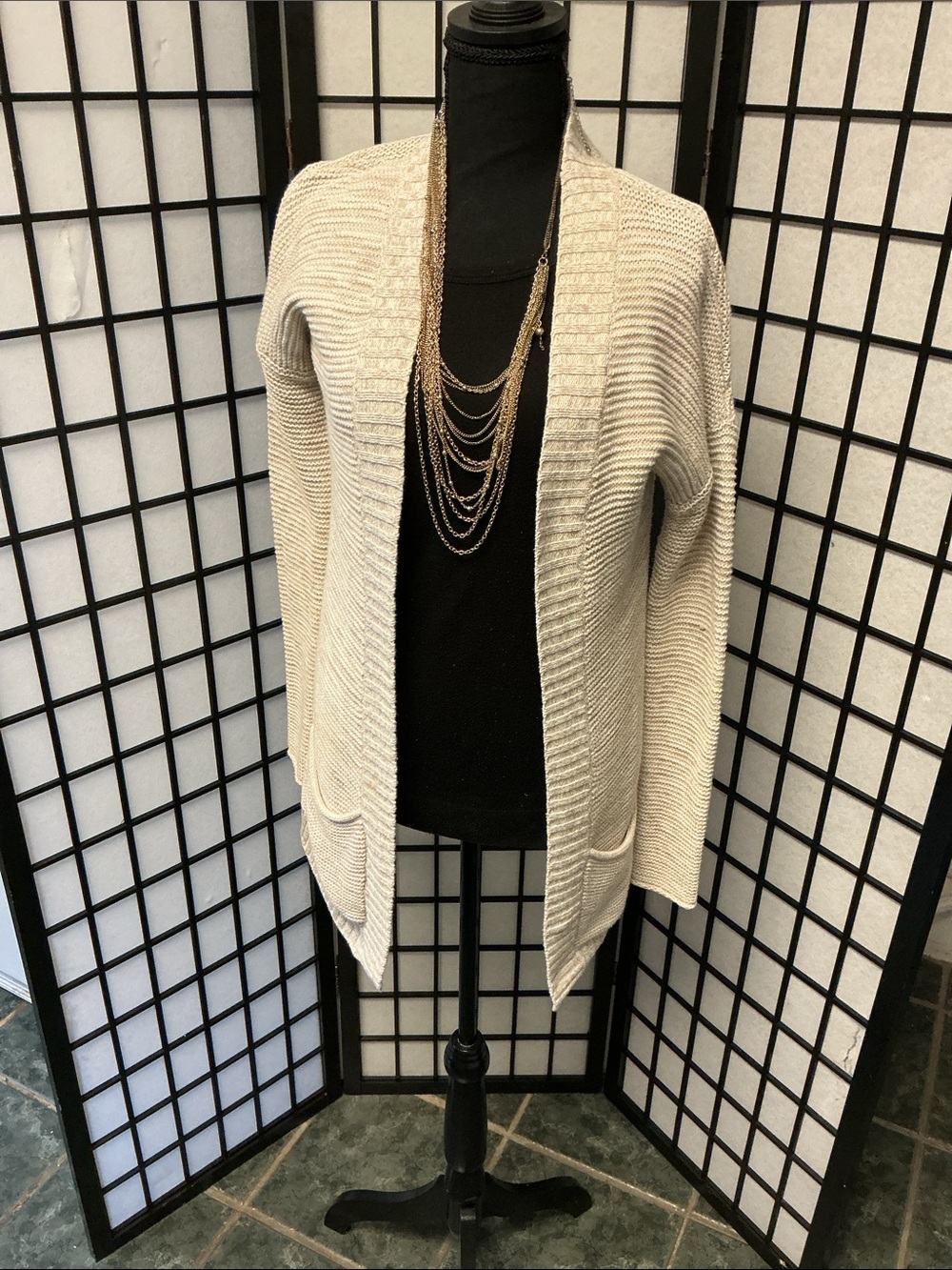 Express Light Beige Open-Front Ribbed Cardigan